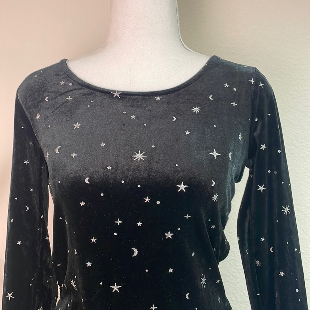 Women’s Black&Silver Galaxy Long Sleeve Velvet Open Back Bodysuit- Wild Fable - Picture 3 of 6